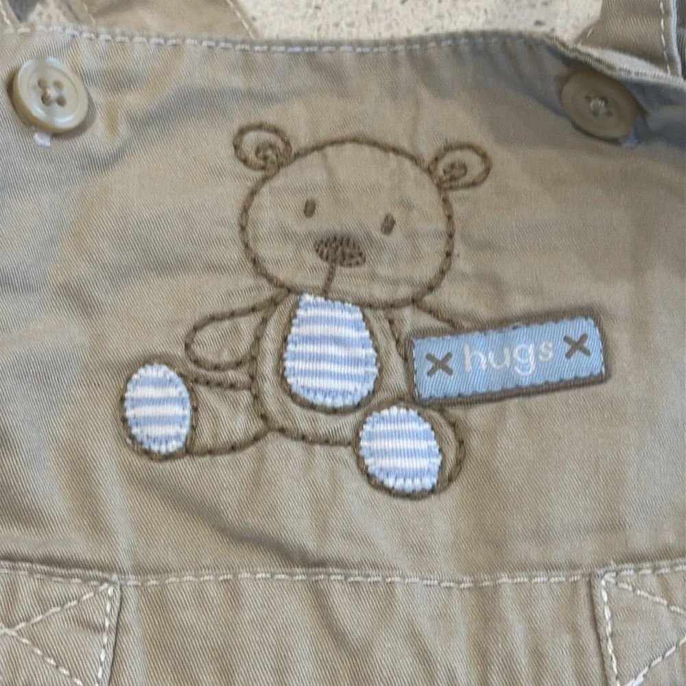 Carter's Tan Overalls with Bear Patch khaki, and baby blue size 3 months